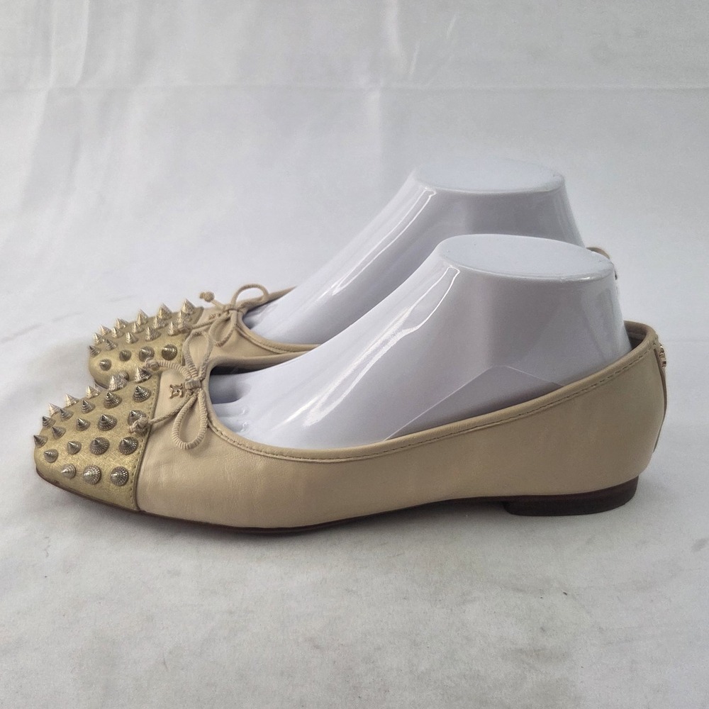 Sam Edelman Ballet Flats Womens 9 Beige Leather Studded Cap Toe Bow Slip On - Picture 2 of 9